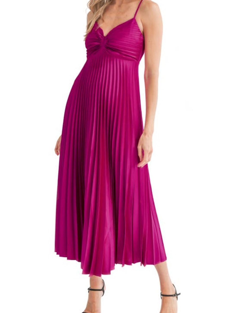 Lush Spaghetti Strap Pleated Midi Dress in Fuchsia